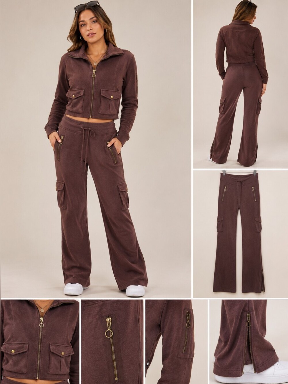🤎 RARE Y2K Self Esteem Chocolate Brown Utility Set 🤎Cropped Zip Jacket + Carg